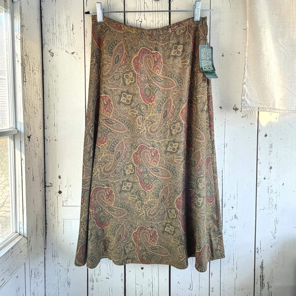 Vintage Midi Skirt Lauren Ralph Lauren 12P Brown 100% Silk Paisley English Manor